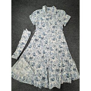 Rachel Zoe XL Blue White Toile Tiger Linen Blend Button Front Shirt Midi Dress